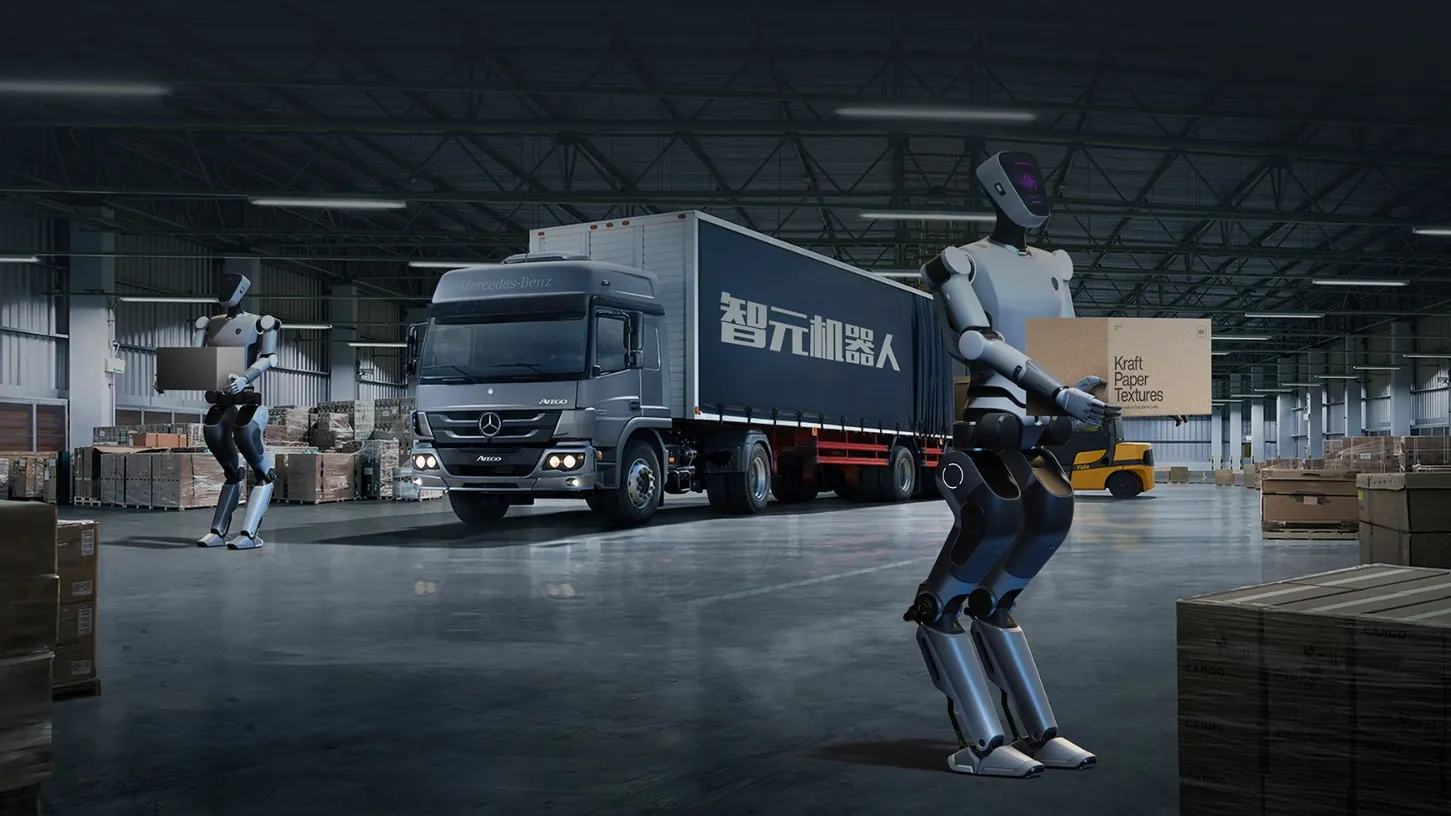 AGIBot humanoid robot working in a logistics warehouse beside a truck