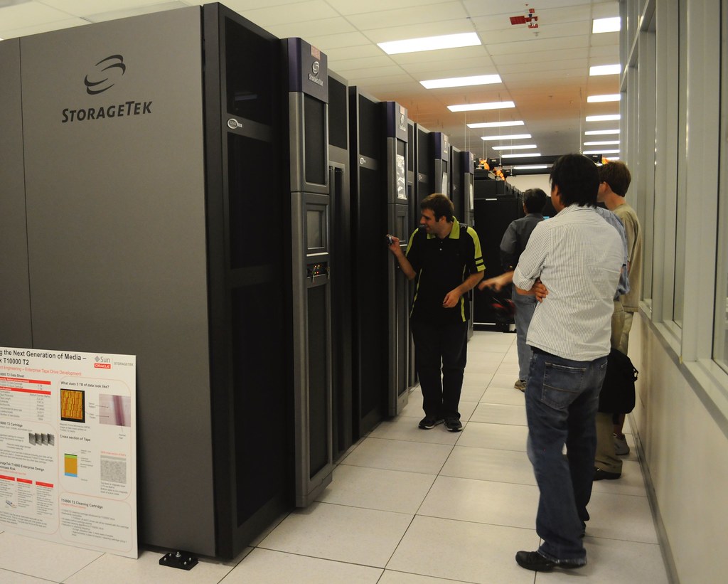 Front of large tape library robotics installation at NERSC (CC0)